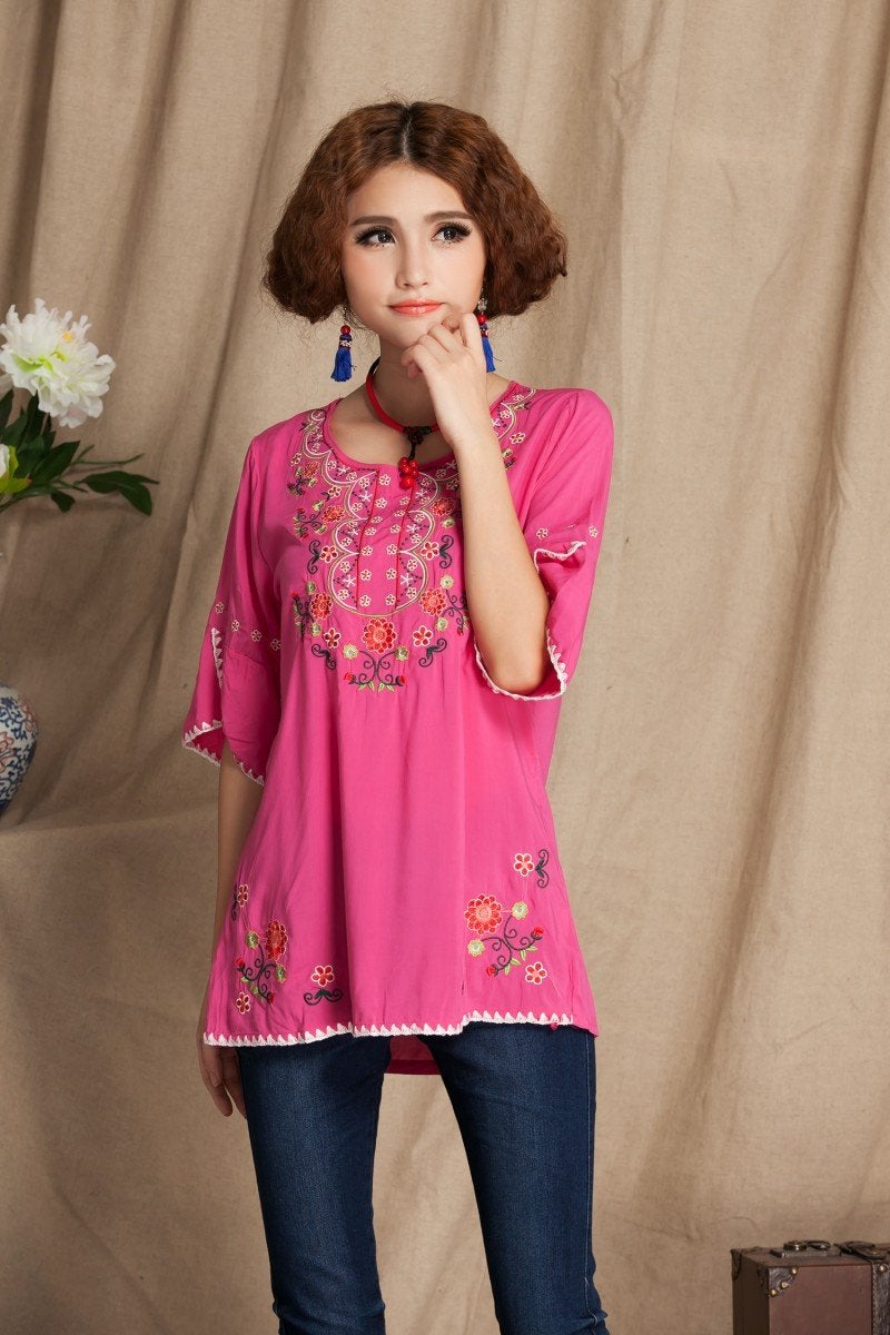 Ashir Aley Bell Sleeve Girls Embroidered Cotton Peasant Tops for Women Mexican Blouse Bohemian Shirts Tops (L,Fuschia) - Image 3